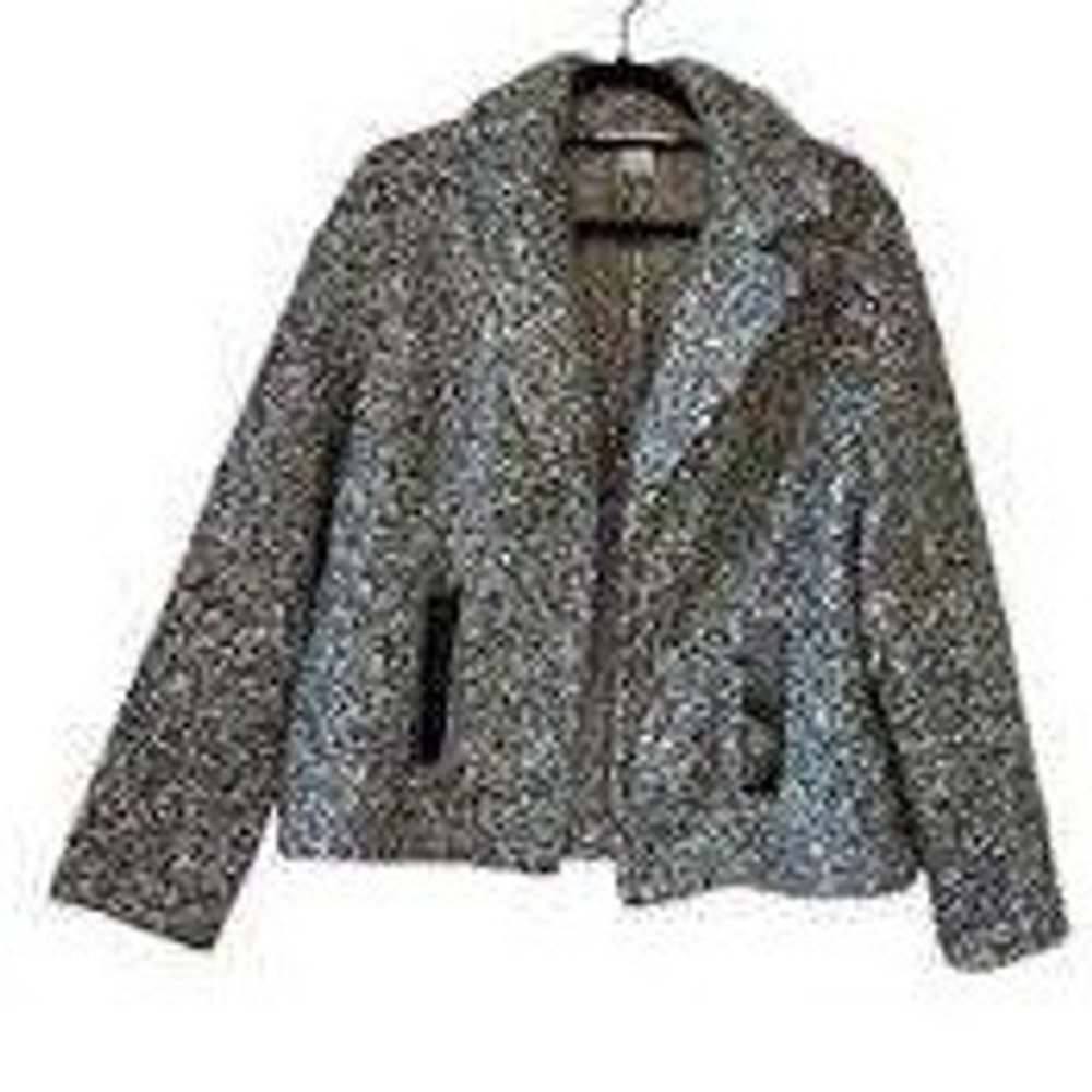Carole Wren Grey‎ Boucle Knit Jacket Faux Leather Trim Open Front Womens Size M